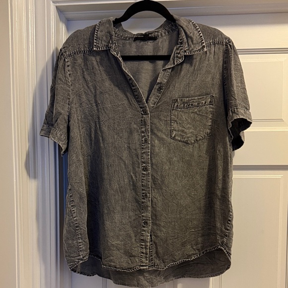 Jane and Delancey Tops - Flowy Gray/Distressed Black Denim Button-Up Shirt